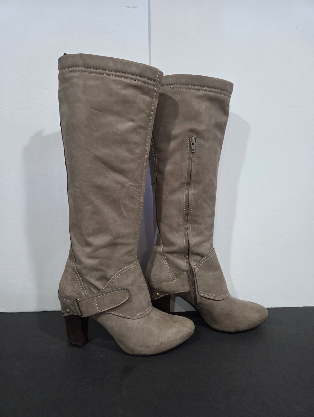 Apeppaza Women's Taupe Mid-Calf Beige Heeled Boots Sz.9.5